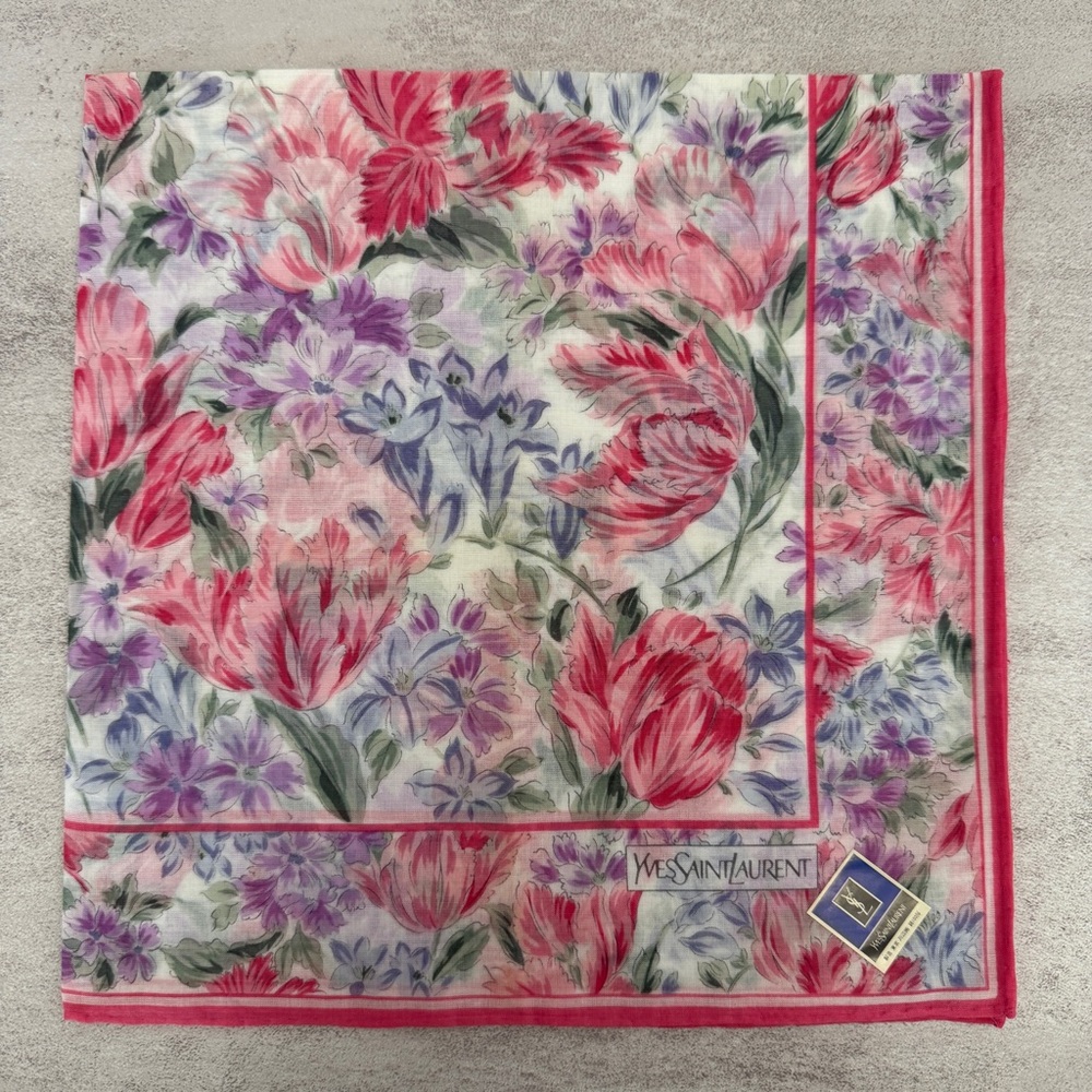 Yves Saint Laurent Pink, Purple & Green Floral vintage handkerchief cotton